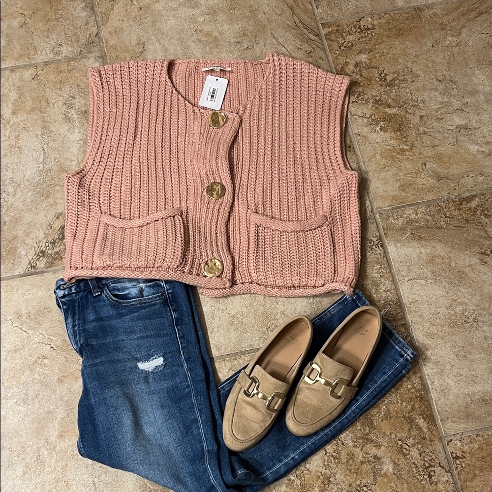 Blush Pink Knit Vest with Gold Button accents.
